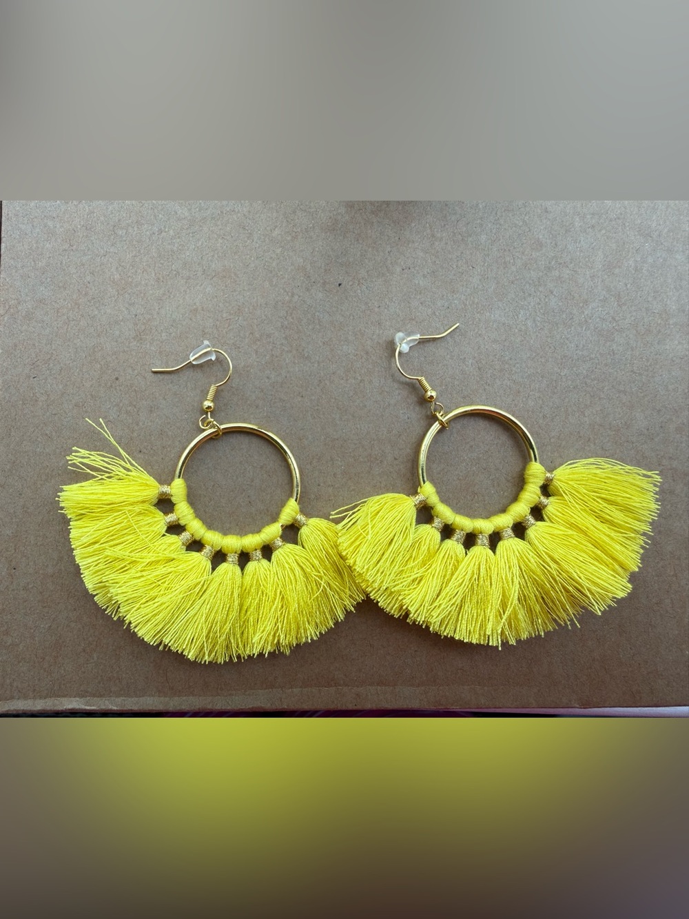 Vibrant Yellow Tassel Hoop Earrings with Gold Accents
